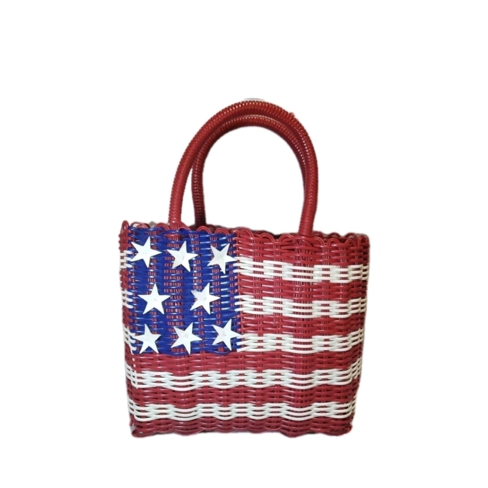 American Flag Vinyl Plastic Tote Purse Patriotic Stars Stripes Woven Open